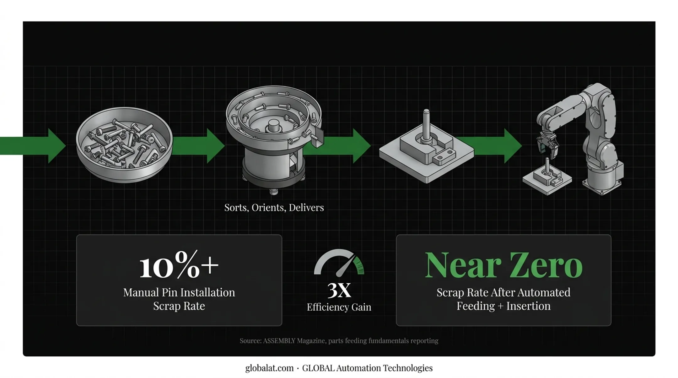 Before and after comparison of manual versus automated parts feeding scrap rates