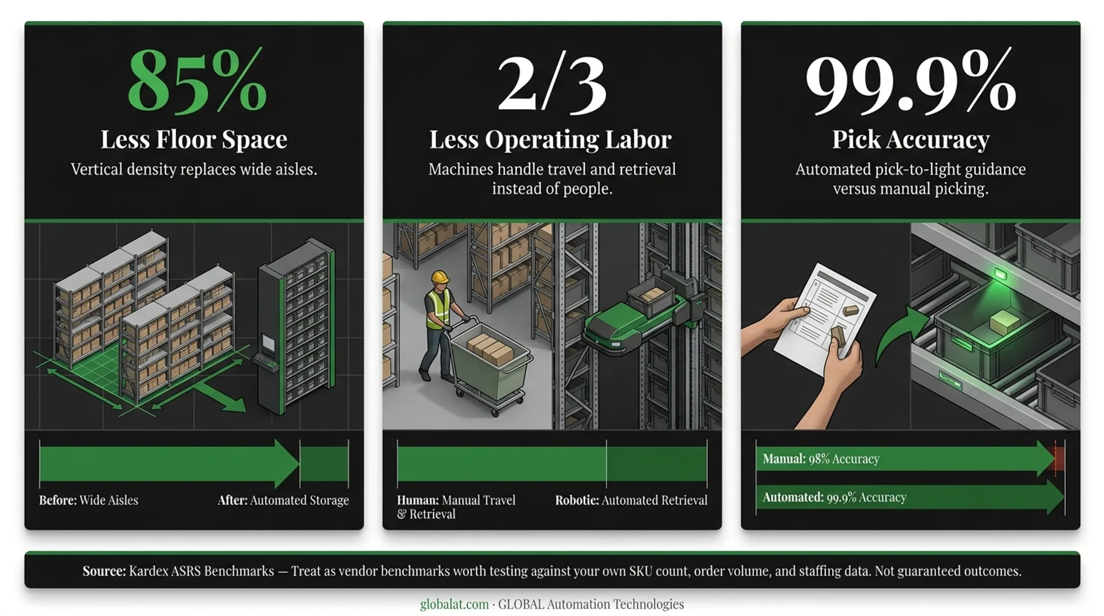 ASRS benefit statistics for floor space labor and pick accuracy gains