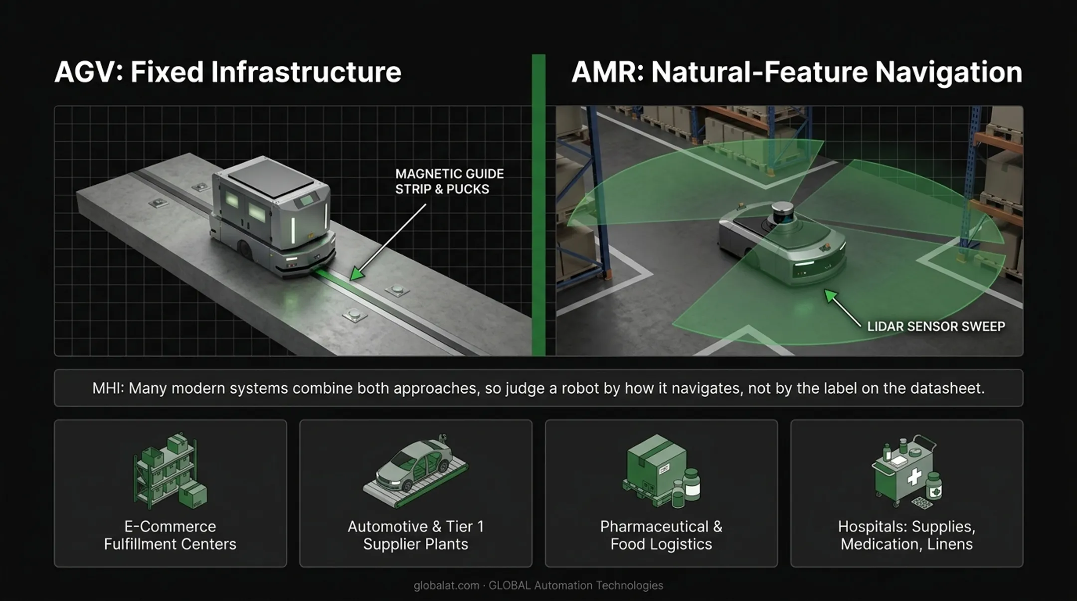 AMR versus AGV navigation technology comparison infographic chart