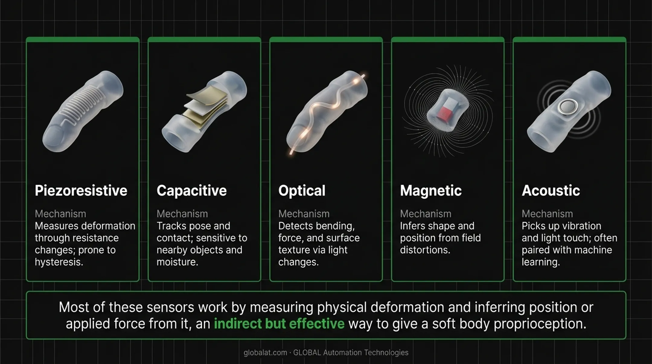Five soft robot sensor types: piezoresistive, capacitive, optical, magnetic, acoustic