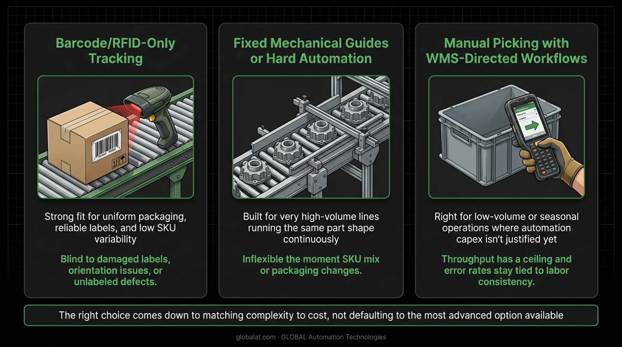 Comparison of three alternatives to vision-guided automation in fulfillment