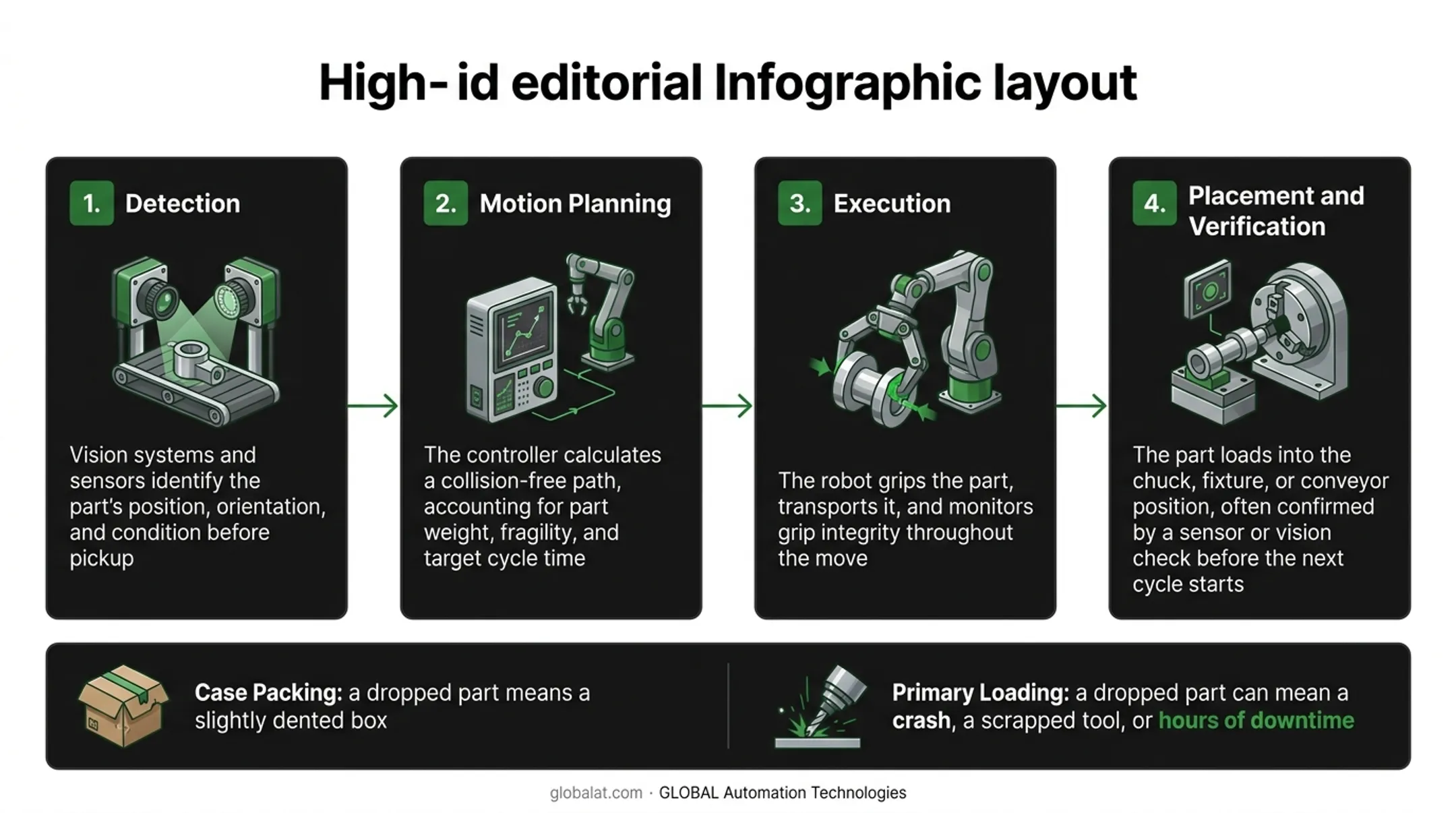 Four-stage detect plan execute place robotic pick and place cycle