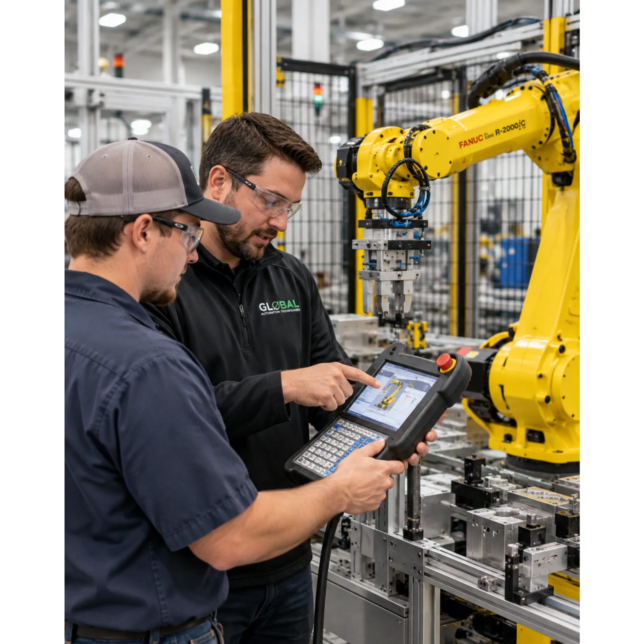 Automation engineer reviewing robot maintenance data beside a production cell