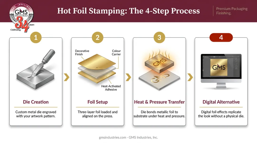 4-step foil stamping process from die creation to final transfer