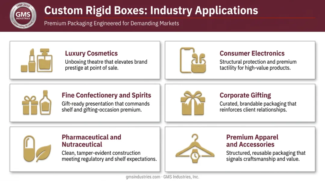 Custom rigid box applications across six premium product industries infographic