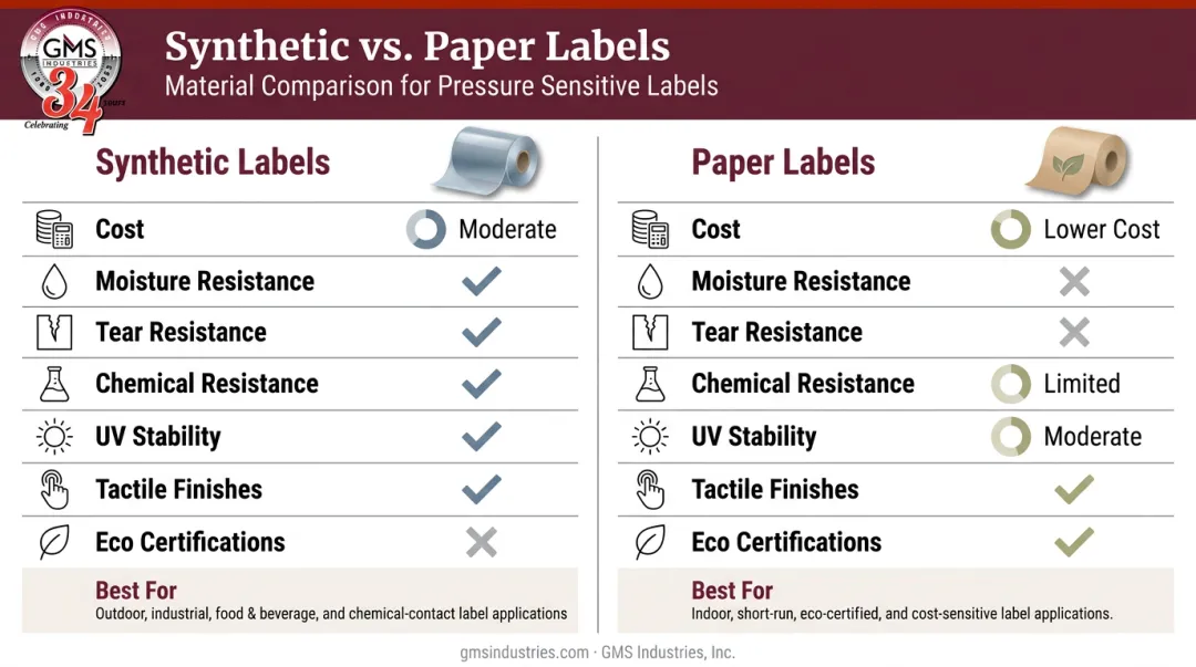 Synthetic versus paper labels side-by-side comparison chart with key performance factors