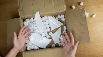 Damaged product inside packaging showing failed insert protection during shipping transit