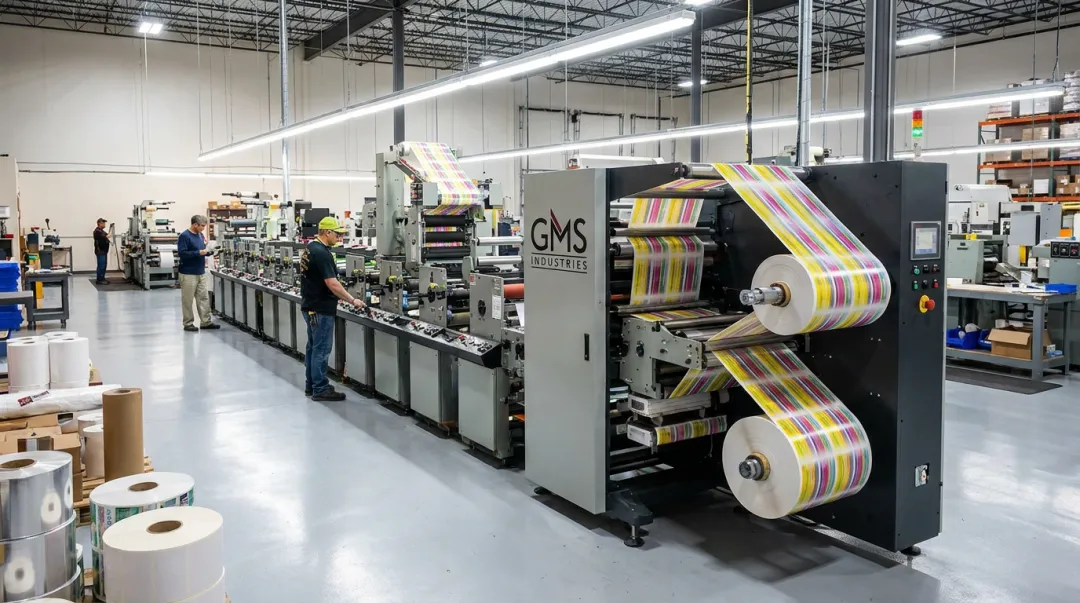 GMS Industries flexographic label press printing high-volume labels in production facility