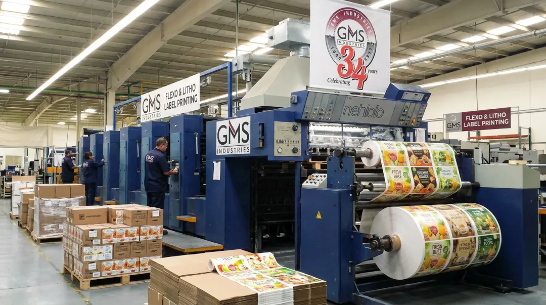 GMS Industries flexographic label printing production facility producing beverage packaging labels