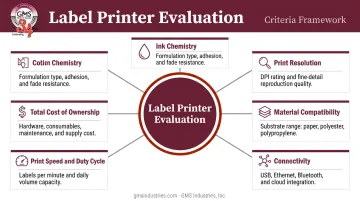 Six criteria for evaluating craft beverage label printers comparison framework infographic