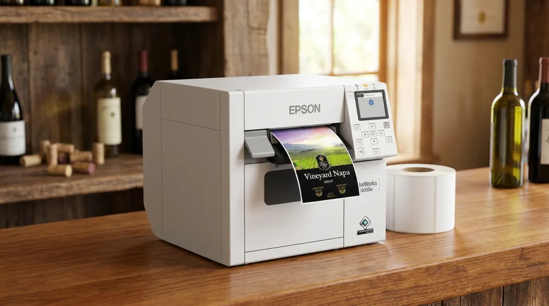 Epson ColorWorks CW-C4000e compact desktop color label printer on work surface