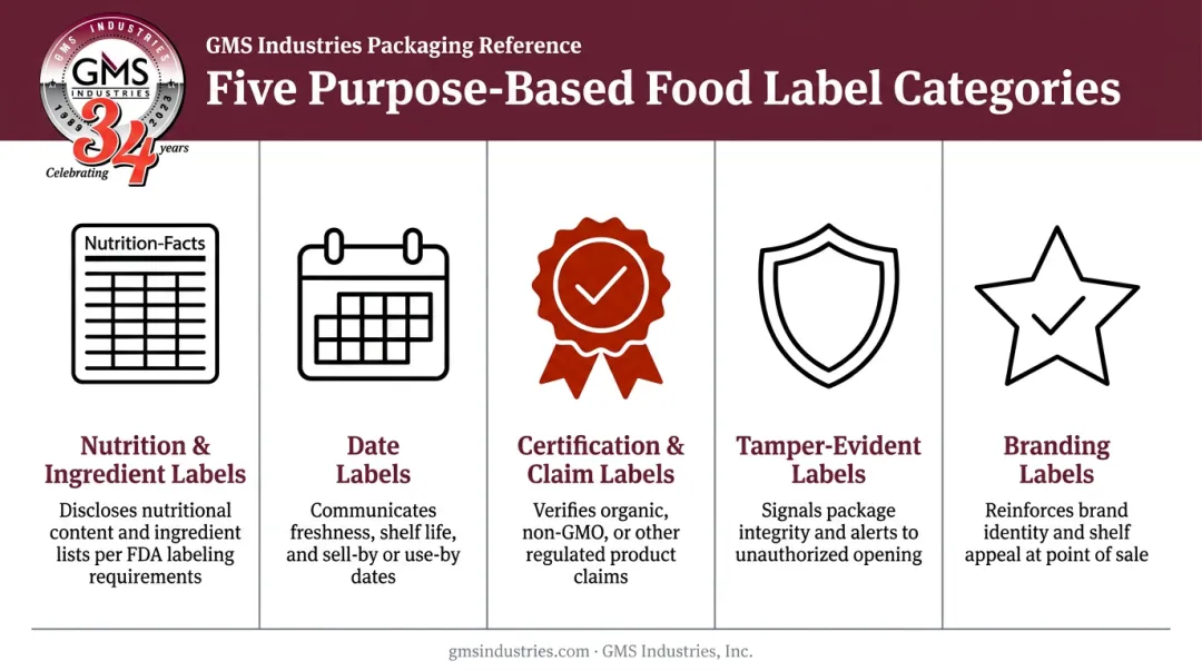 Five purpose-based food packaging label types overview infographic