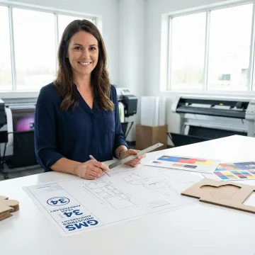 Designer working on custom corrugated display box blueprint with color samples