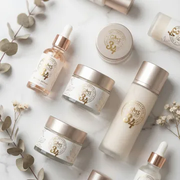 Elegant beauty product labels showcasing various cosmetic packaging designs