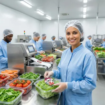 Agricultural produce labels being applied to fresh food packaging on farm packing line