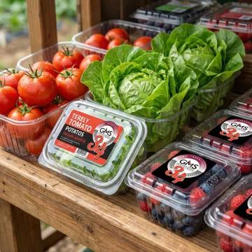 Custom farm produce labels on fresh vegetables and fruits in retail packaging