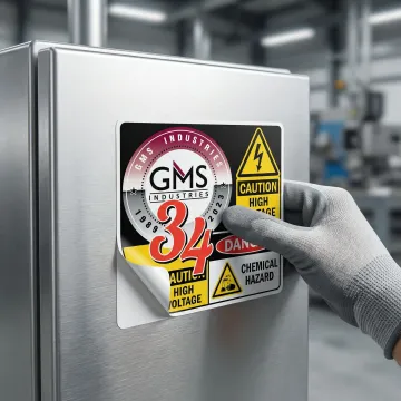 Close-up of pressure sensitive warning label being applied to industrial equipment