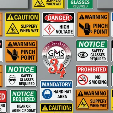 Variety of pressure sensitive warning labels in different colors and designs