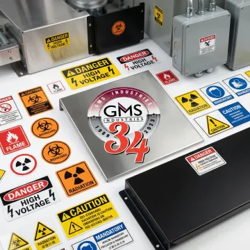 Assorted pressure sensitive warning labels with various safety symbols and hazard warnings
