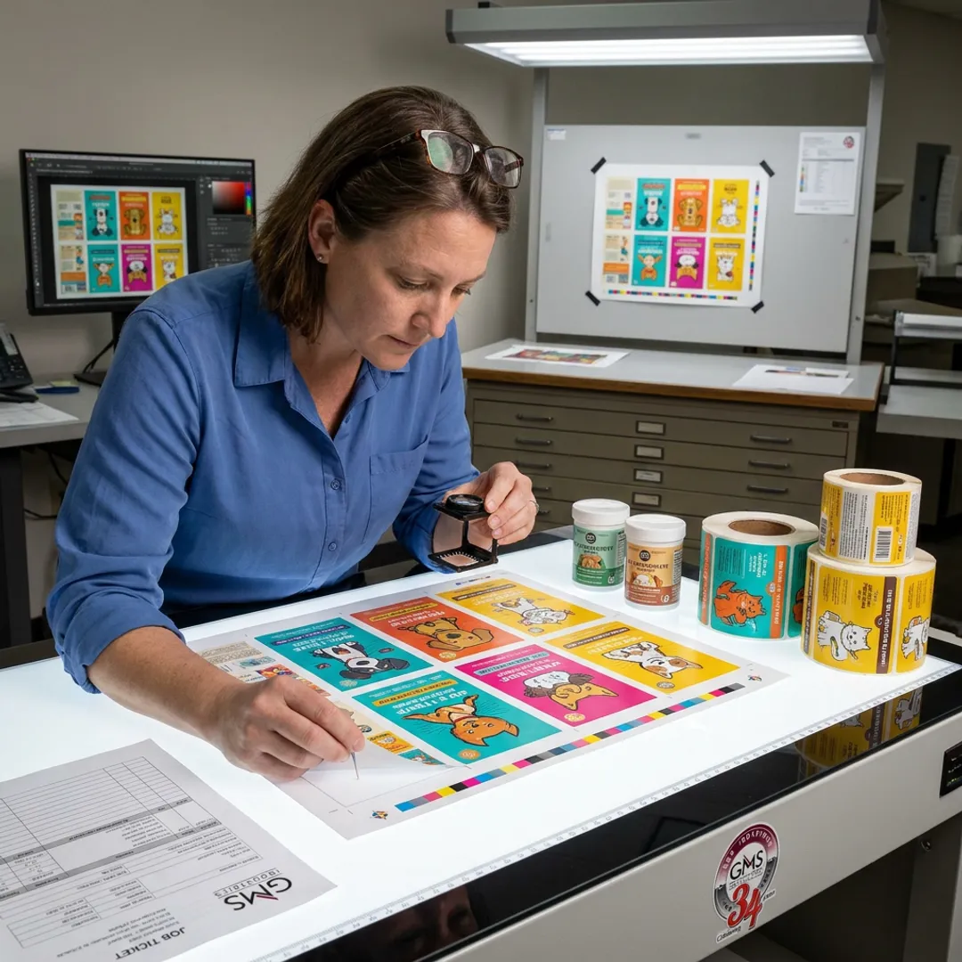 Technician reviewing custom pet product label proofs