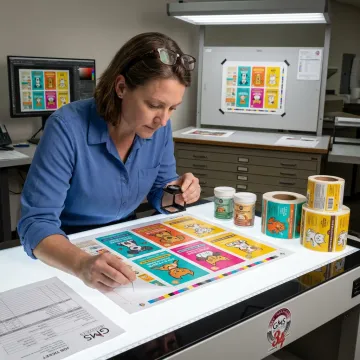 Technician reviewing custom pet product label proofs