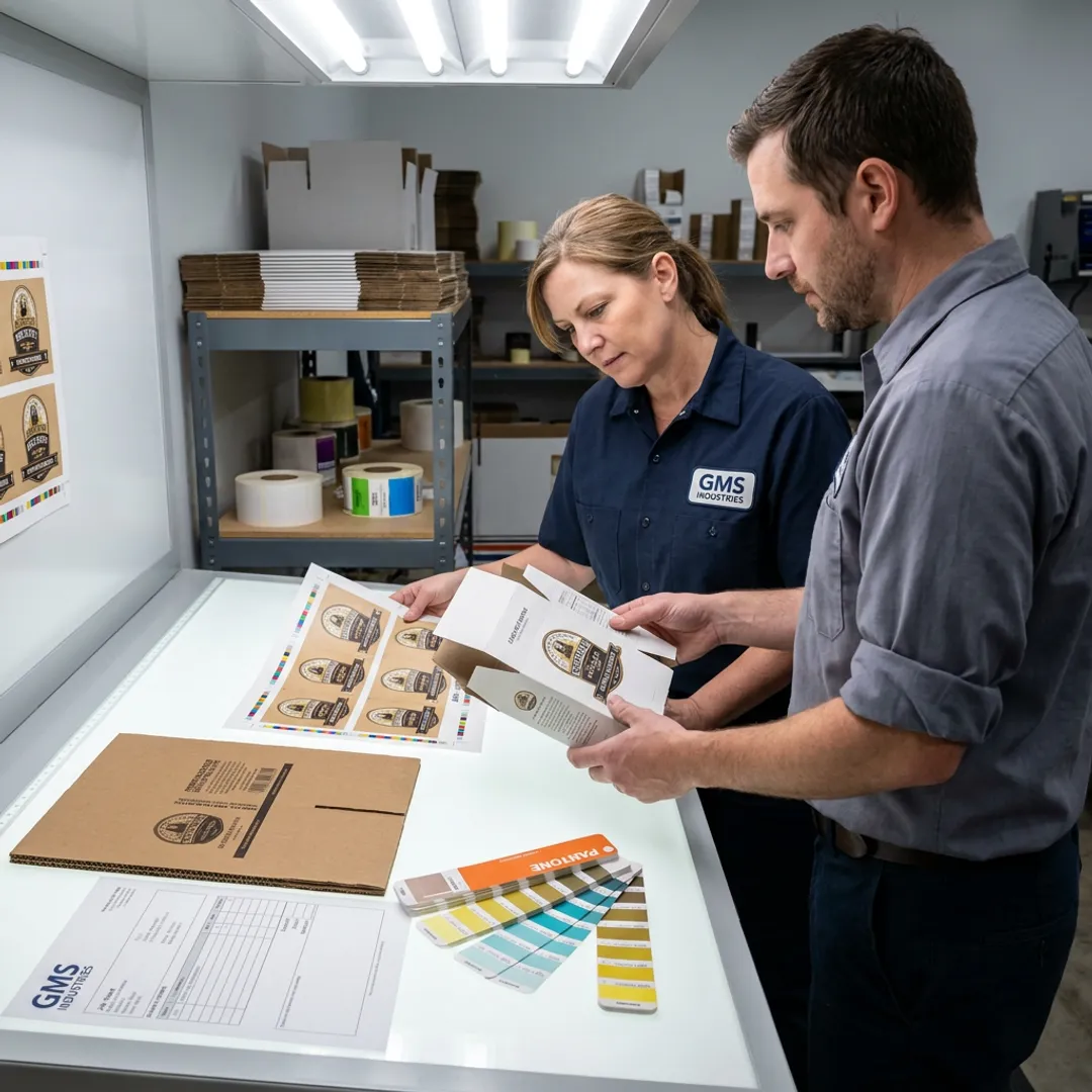 Packaging team reviewing brewery label proofs and carton samples