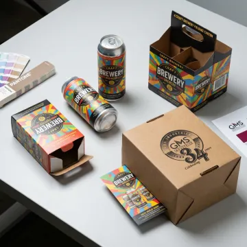 Craft brewery packaging with labels, cartons, and retail displays