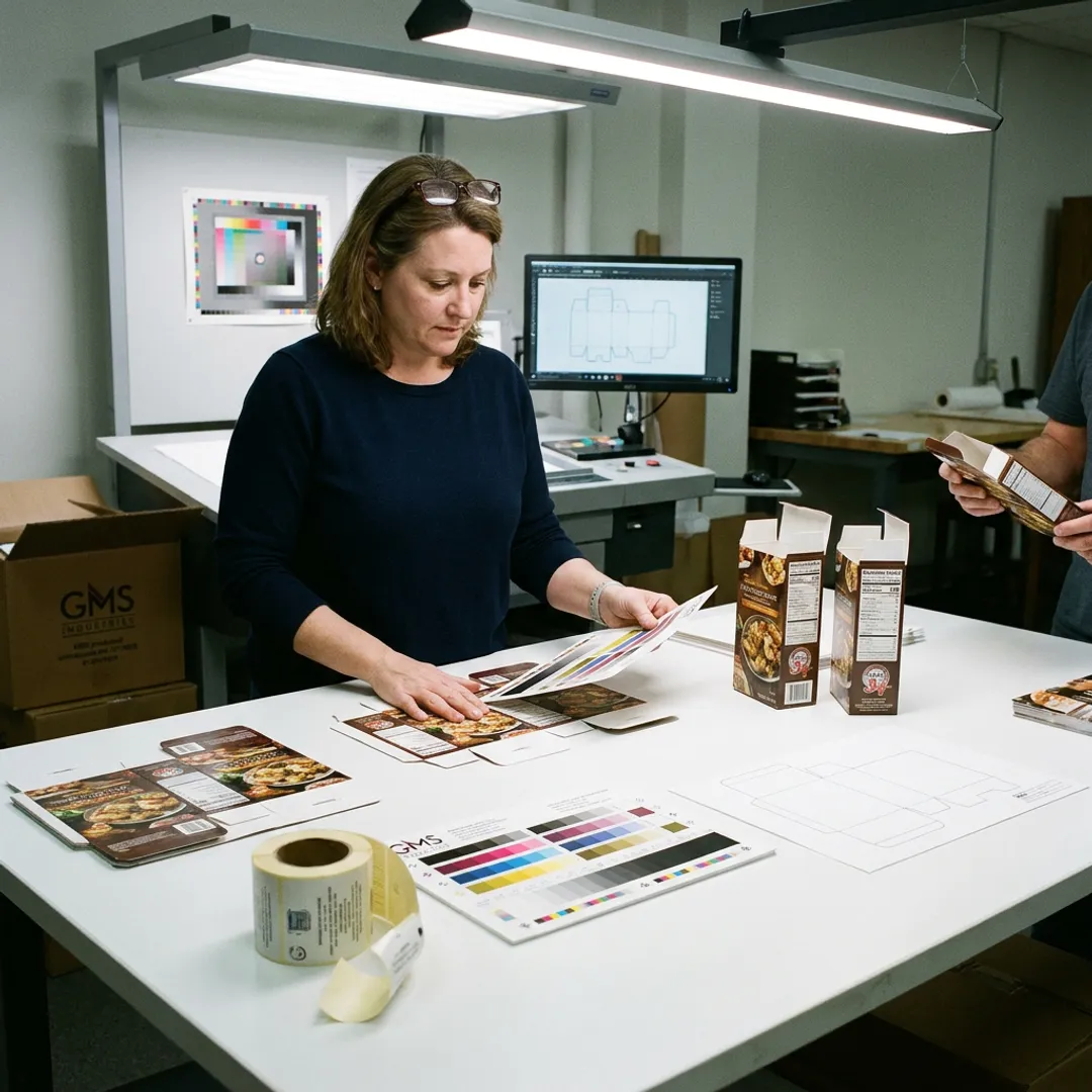 Packaging designer reviewing carton prototypes
