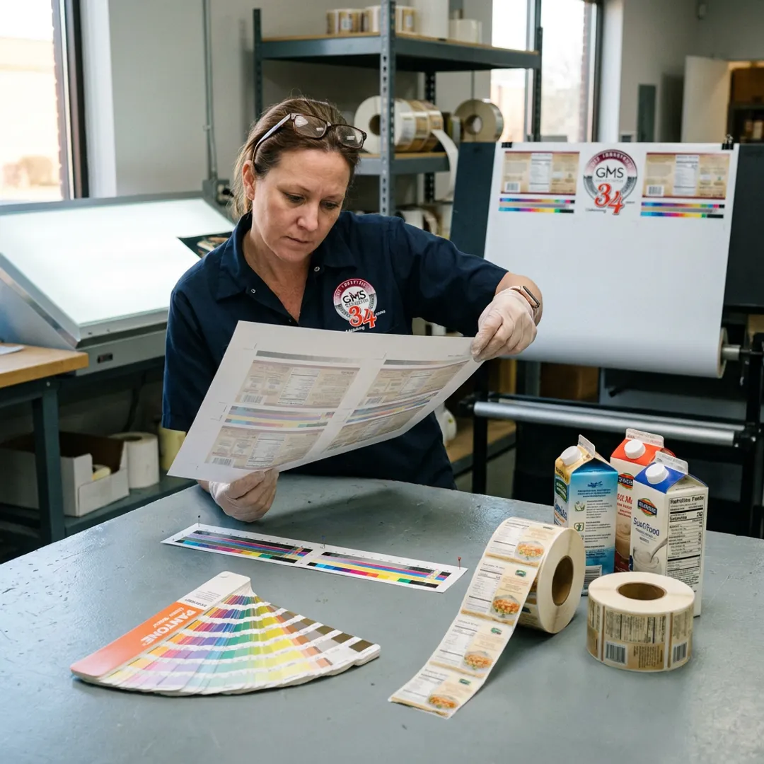 Technician reviewing printed food label proofs