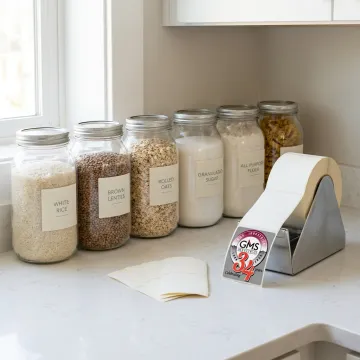Custom pantry labels on kitchen storage containers