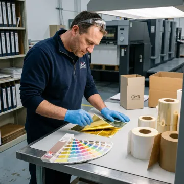 Technician reviewing gold pressure sensitive label proofs