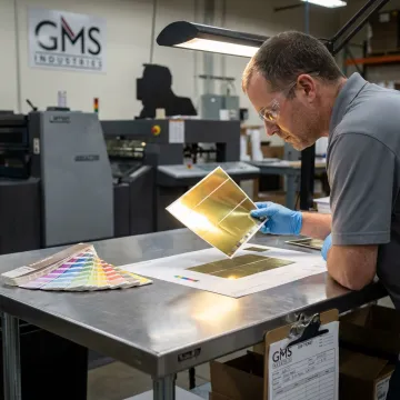 Technician reviewing gold foil label proofs