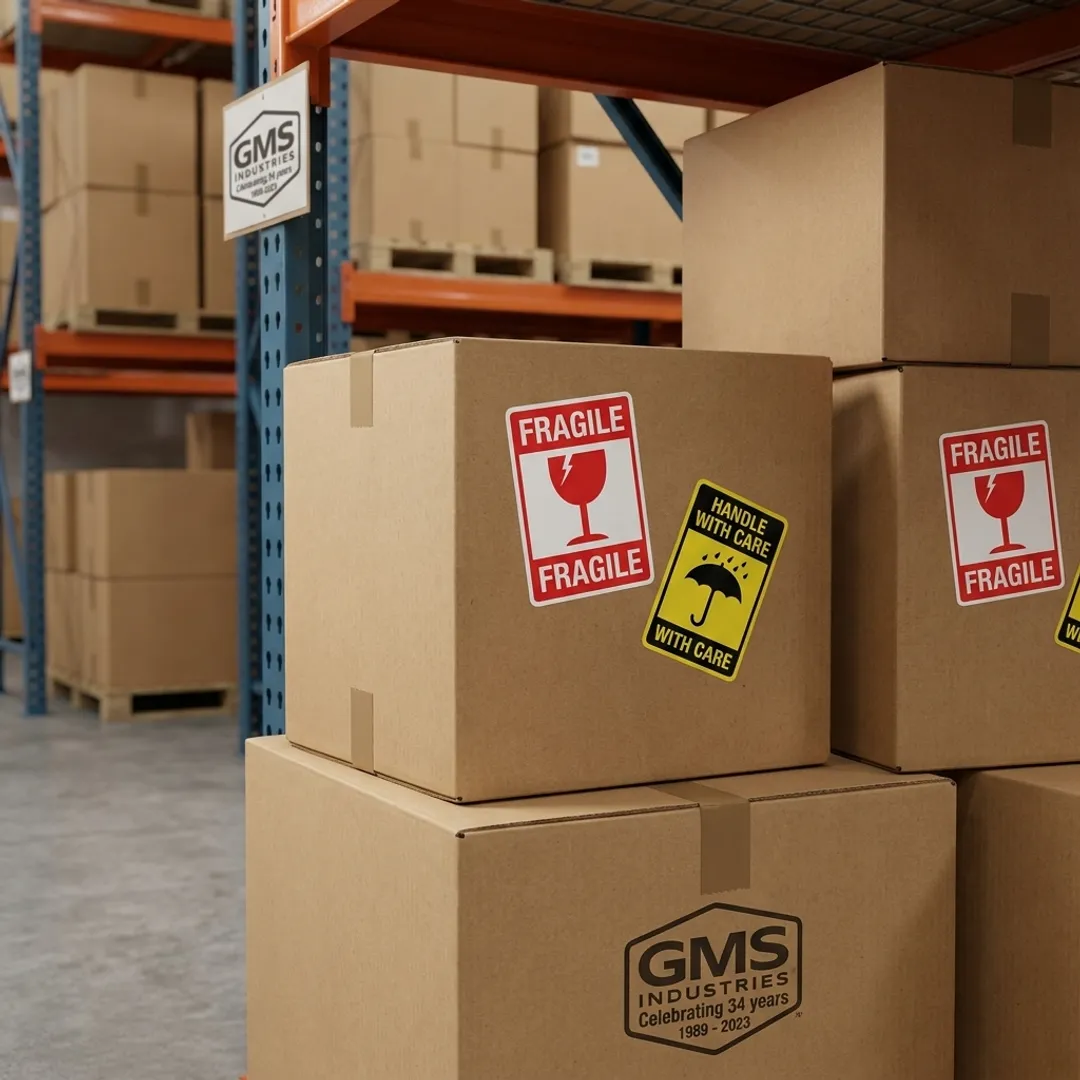 Custom fragile labels applied to shipping cartons