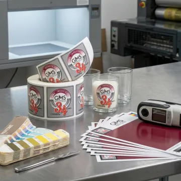Printed candle jar labels on production table