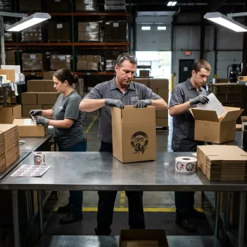 Team assembling packaged product kits