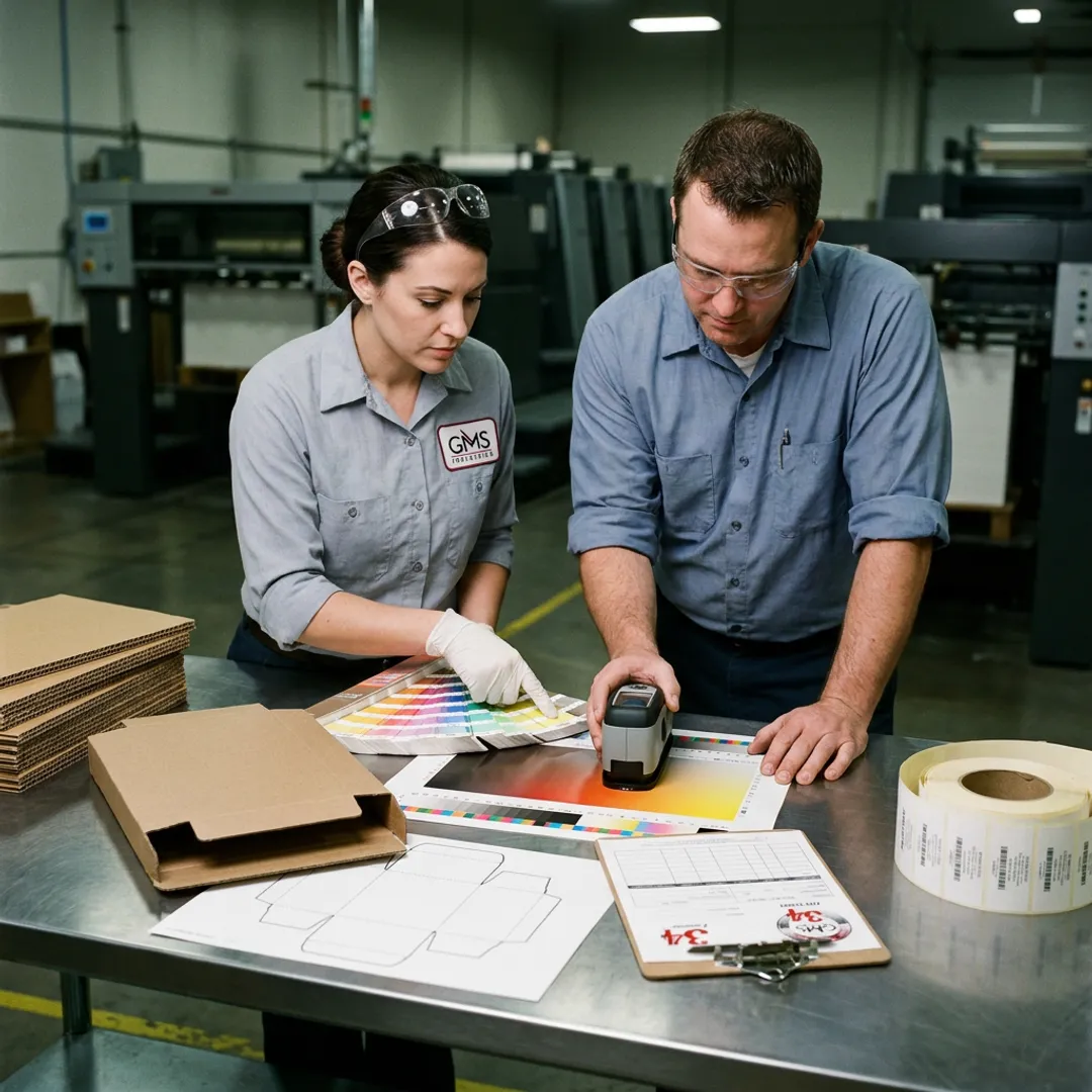 Packaging team reviewing prototype labels and printed samples