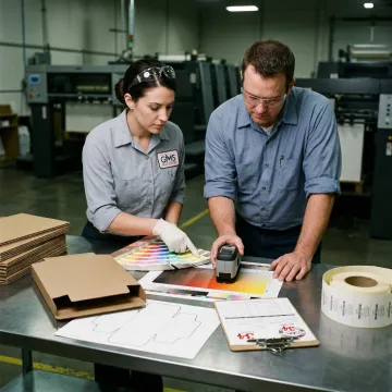 Packaging team reviewing prototype labels and printed samples