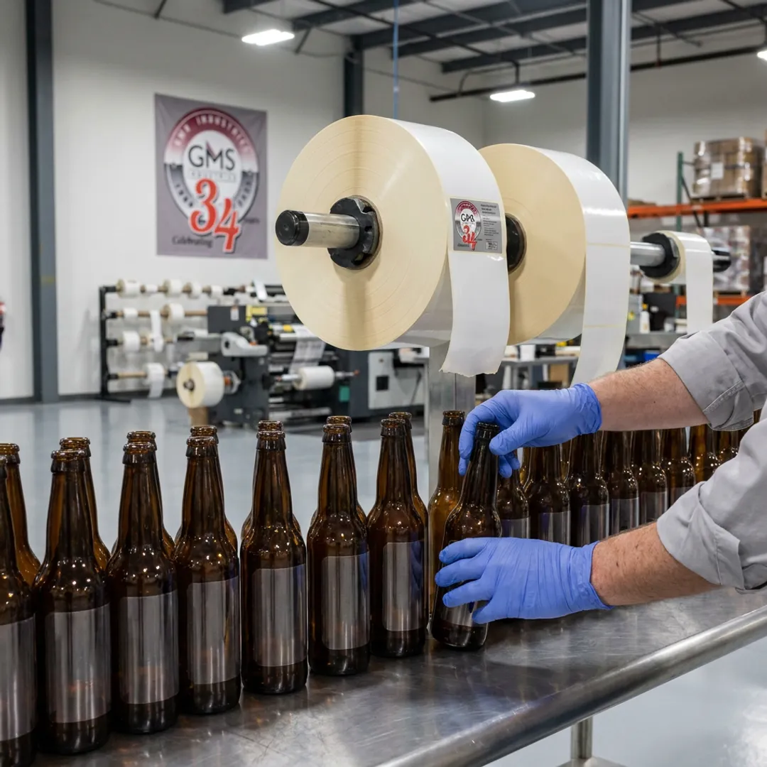 Glossy blank beer labels on bottles