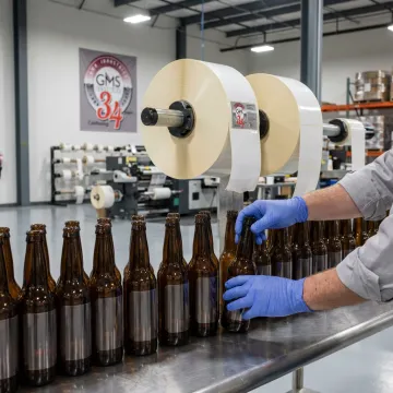 Glossy blank beer labels on bottles