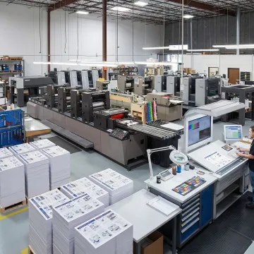 Professional printing facility with modern printing presses producing instruction sheets