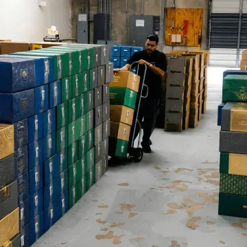 Colorful custom-designed folding cartons arranged to showcase various printing and finishing options