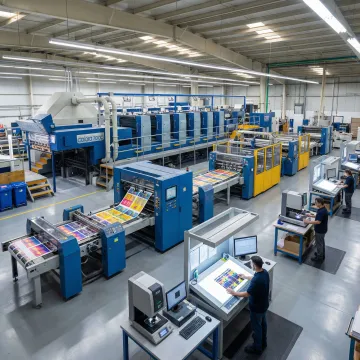 Modern packaging facility with folding carton production equipment