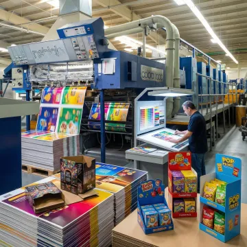 Manufacturing floor showing corrugated POP display boxes being printed and assembled
