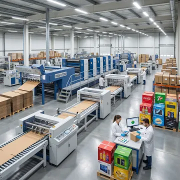 Manufacturing facility with corrugated display production equipment and finished POP displays