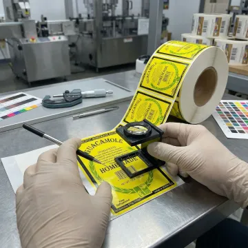 Quality control inspection of finished pressure-sensitive labels on production line