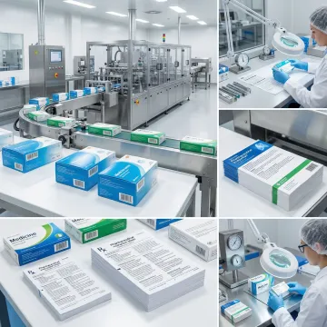 Pharmaceutical packaging production line with folding cartons and medical inserts