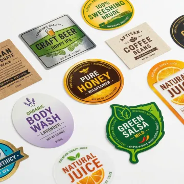 Variety of custom printed labels displayed showing different finishes and applications