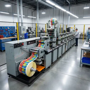 High-volume label manufacturing equipment producing custom pressure-sensitive labels in a modern Texas facility