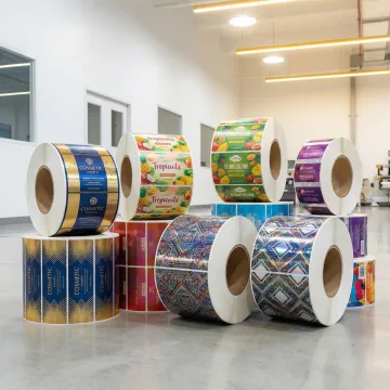 Close-up of colorful custom pressure-sensitive labels on rolls ready for distribution