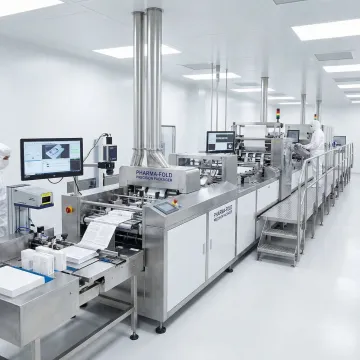 Pharmaceutical packaging manufacturing facility showing folding cartons and IFU production